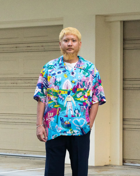 Eanbe 誘惑 青 アロハシャツ ネイビースラックス モデルルック画像