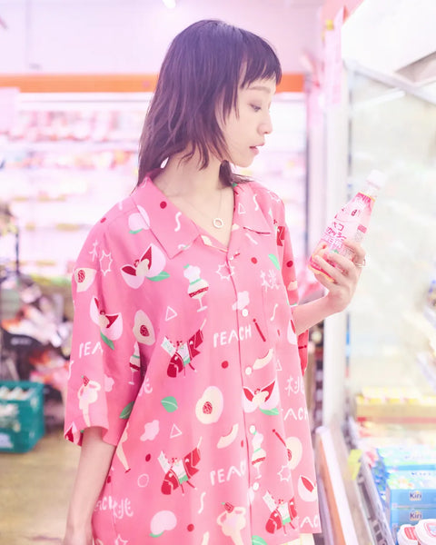 Eanbe PEACH PINK アロハシャツの素材感のクローズアップ