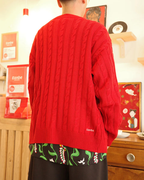 Hand Knit Cardigan / RED