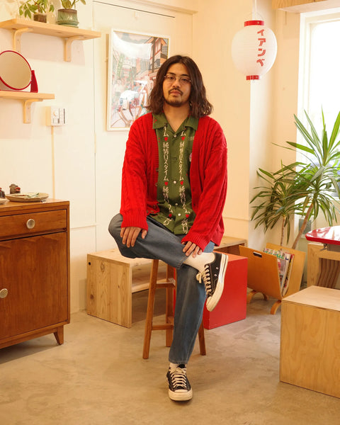 Hand Knit Cardigan / RED