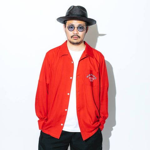 Barber柄（理容師柄）_ロングアロハシャツ_着用イメージ_Eanbe