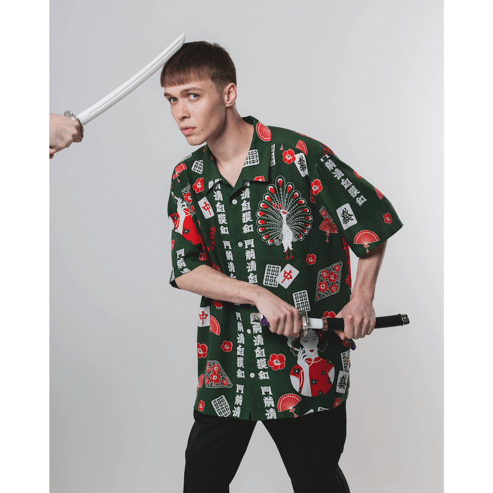 NIPOALOHA ニポアロハ 麻雀柄 オープンカラーシャツ レーヨン 3 L NIPOALOHA ニポアロハ 麻雀柄 オープンカラーシャツ レーヨン 3 L